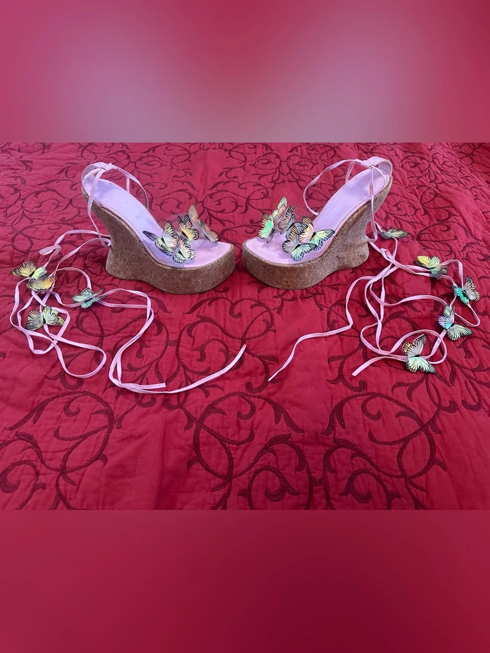 Sugar Thrillz Pink Butterfly Lace-Up Platform Wedges
